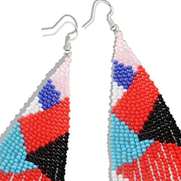 Long 5.5" Black Pink Multicolor Abstract Color Blocked Earrings Beaded Oversized - Picture 2 of 4